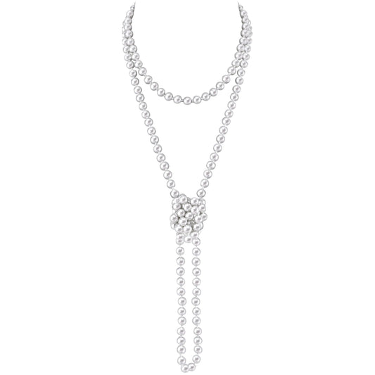 Long Beaded Pearls Necklace 1920s Flapper Pearl Necklace for Women Girls Vintage Costume Pearl Strand Necklace Layered Fashion White Faux Pearls Chain Necklaces 1920s Jewelry Accessories 63 inch Long