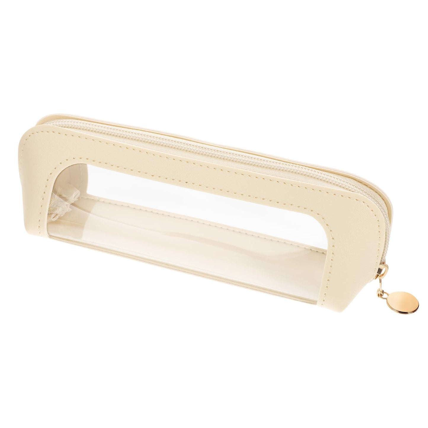 Small Clear Makeup Bag, PU Leather Makeup Brush Bag, Portable Clear Make-Up Brush Pouch with Zipper, Multi-use Cosmetic Organizer Bags for Women (Beige)