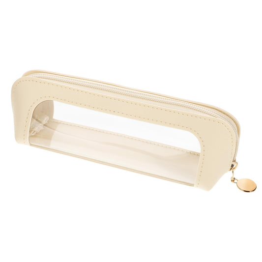 Small Clear Makeup Bag, PU Leather Makeup Brush Bag, Portable Clear Make-Up Brush Pouch with Zipper, Multi-use Cosmetic Organizer Bags for Women (Beige)