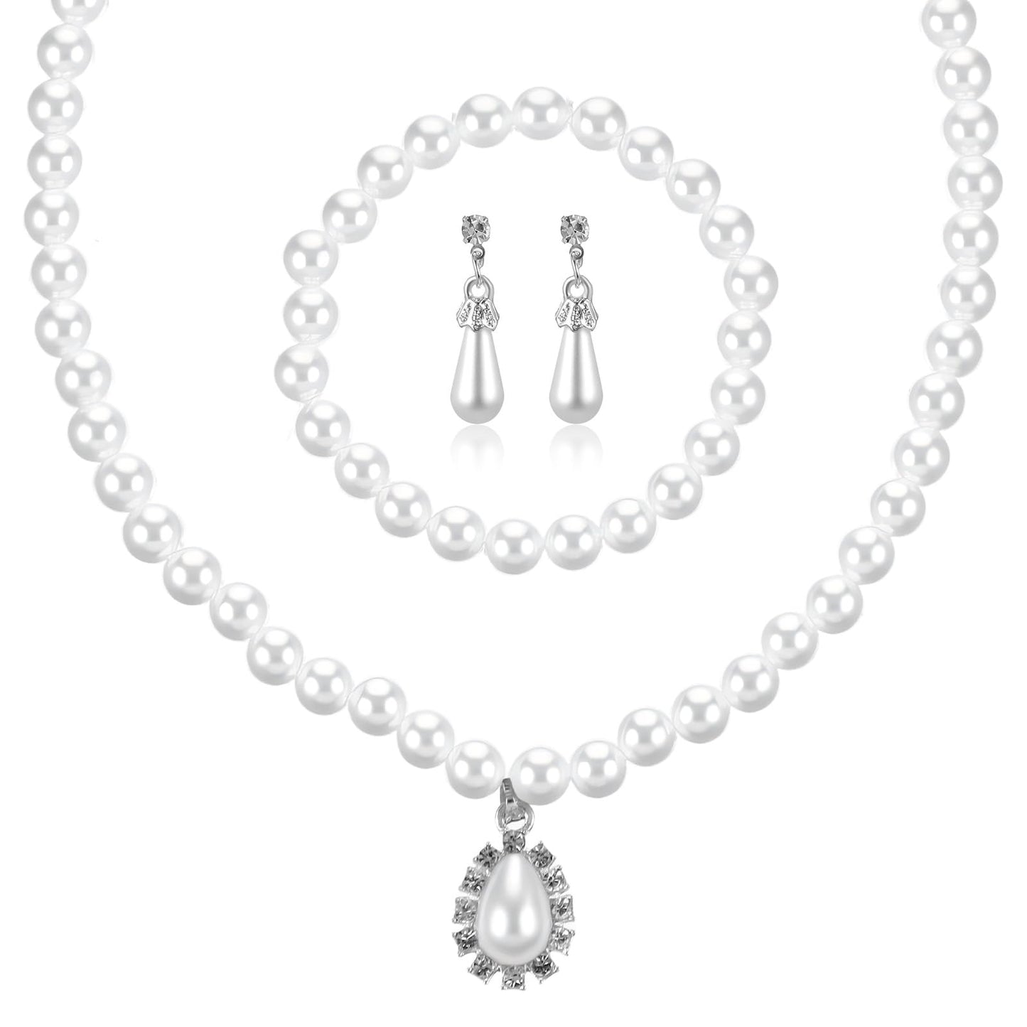 HaiFafafaing Pearl Necklace and Earring Bracelet Set Faux Pearl Jewelry Set For Women Bridal Jewelry Sets White Pearls Costume Jewelrys For Women Girls Brides Bridesmaid Wedding Gift