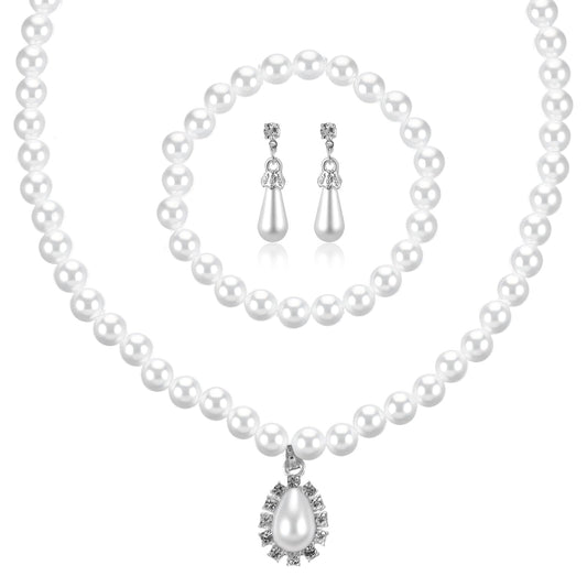 HaiFafafaing Pearl Necklace and Earring Bracelet Set Faux Pearl Jewelry Set For Women Bridal Jewelry Sets White Pearls Costume Jewelrys For Women Girls Brides Bridesmaid Wedding Gift