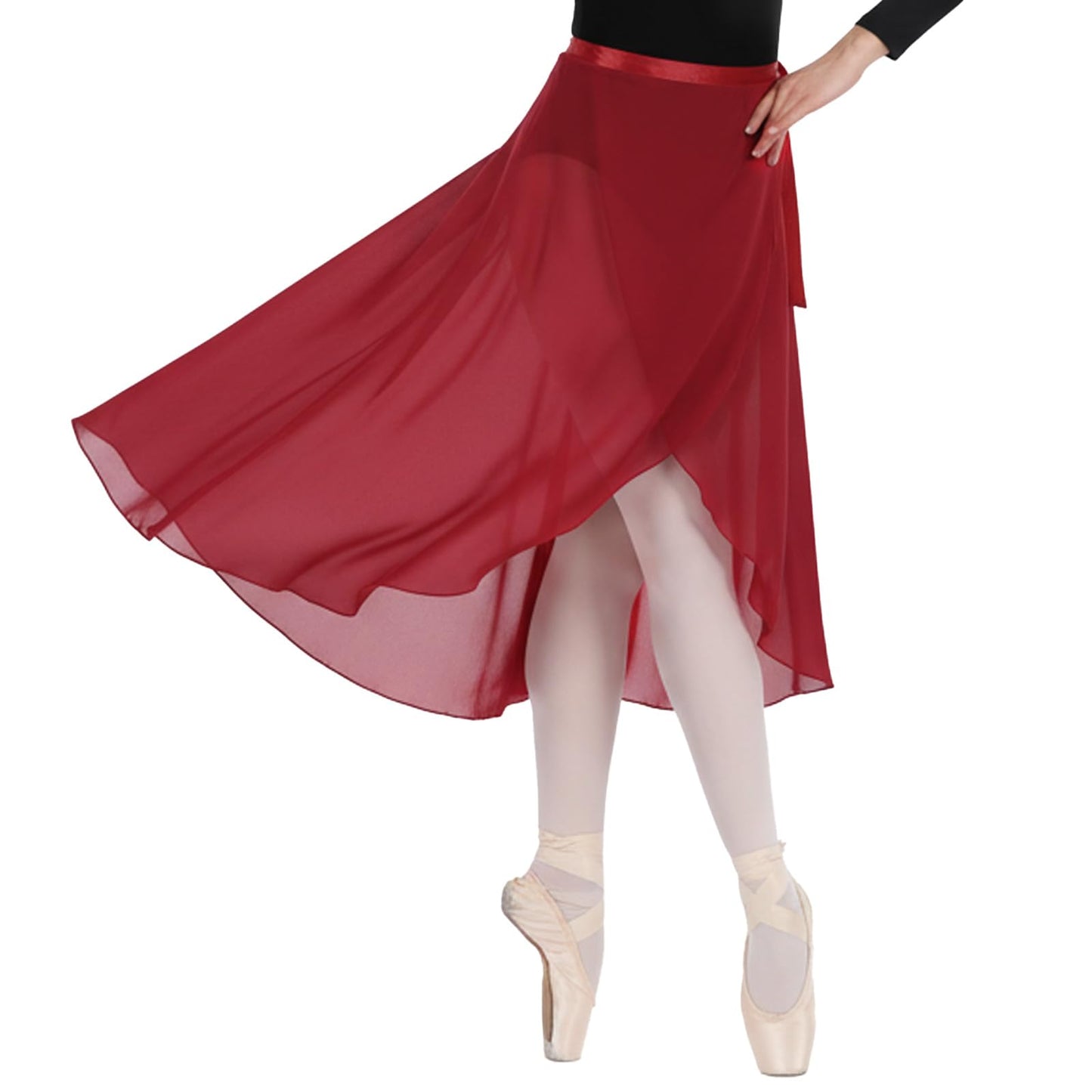 Long Ballet Skirt for Women,Red Dance Wrap Skirt with Adjustable Belt, Long Chiffon Ballet Skirts for Adult, Wine Red, One Size