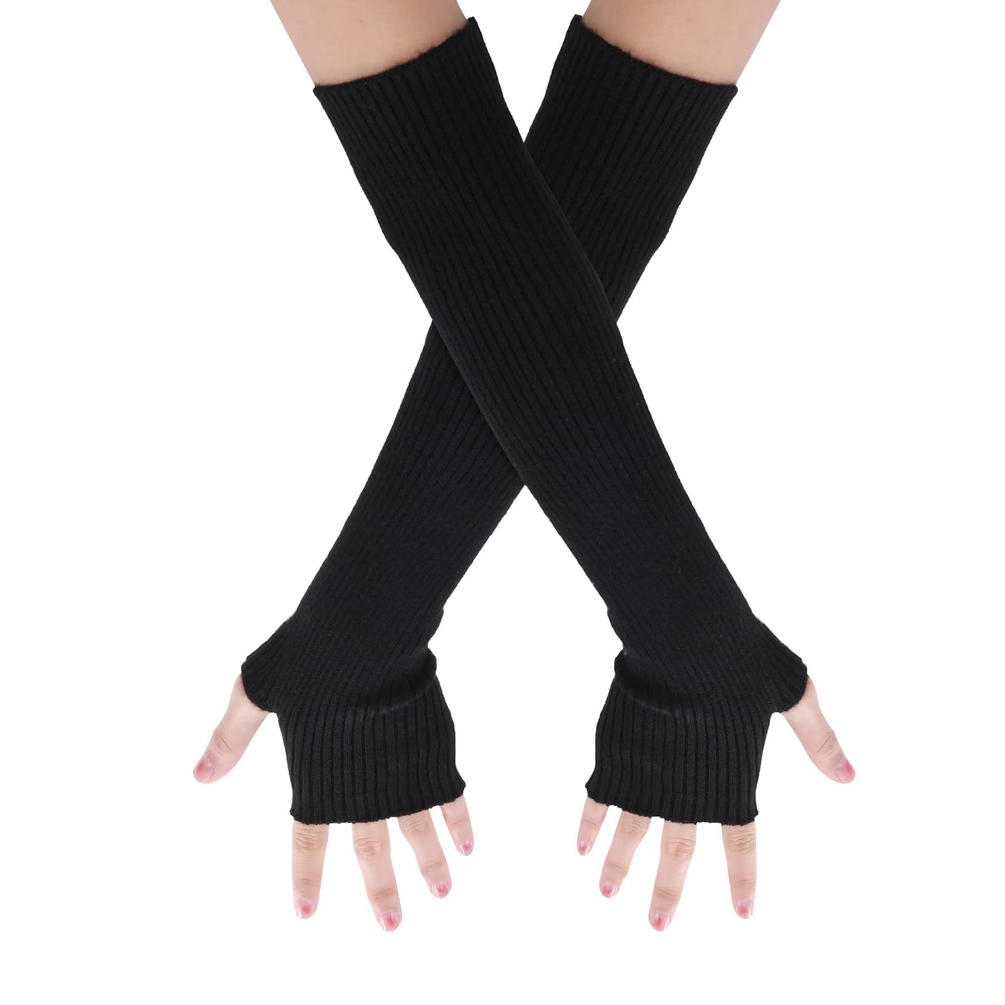 Women Arm Warmer Cashmere Blended Winter Fingerless Gloves Knit Mitten Gloves with Thumb Hole Long Cold Weather Gloves