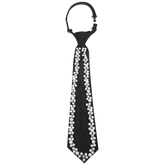 Gemoioio Faux Pearl Womens Tie, Silk Black Neck Tie with Rhinestones