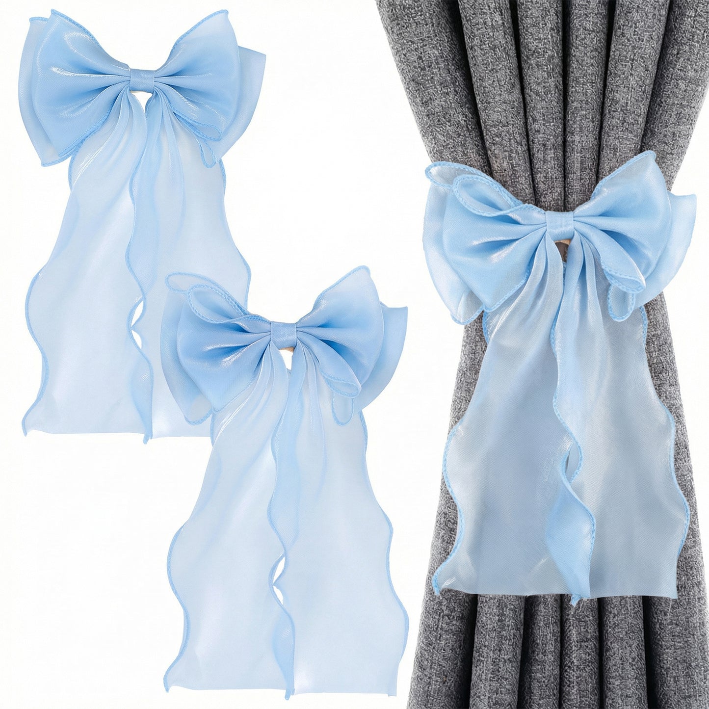 2 Pack Bow Room Decor Blue Room Decor French Silk Bow Curtains Tiebacks Elegant Decorative Curtain Strap for Home Bedroom Offices Dining Rooms Wedding Party Décor (Blue)