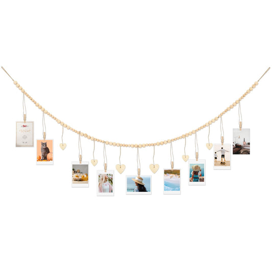 DIVINA VITAE Hanging Photo Display with Clips Wooden Bead Photo Garland 49.2" Boho Style Picture Collage Wall Decor for Wall Picture Postcard Display (9 Clips + 6 Wooden Heart Tags)