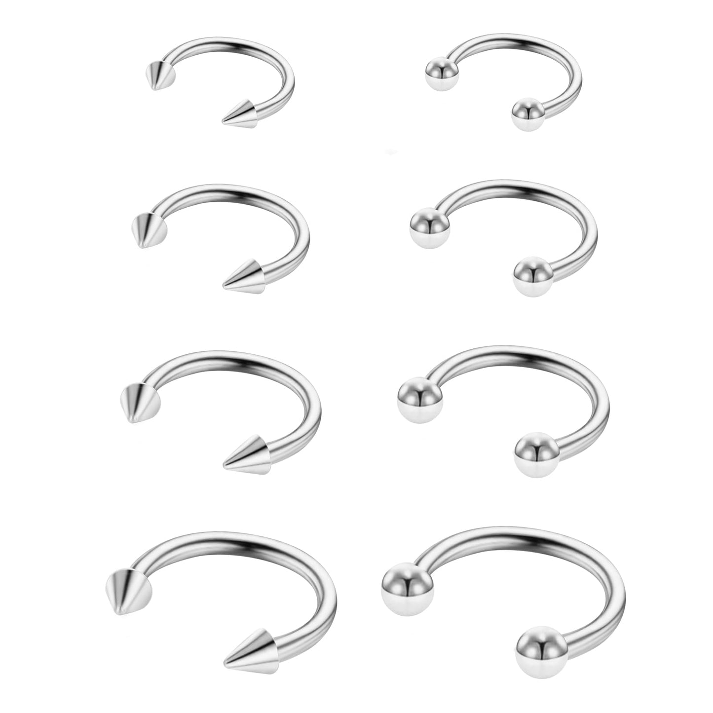 Yolev 8 pcs Septum Piercing Jewellery Silver Septum Ring 16g Silver Horseshoe Piercing Stainless Steel Nose Ring Lip Piercing Tragus Hoop Body Jewellery for Men