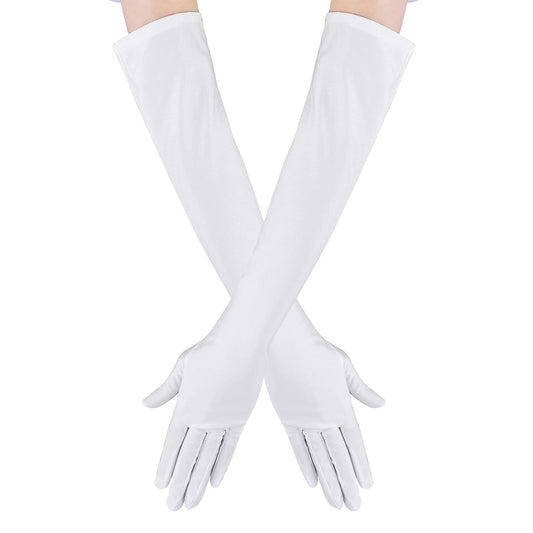 Women's Long Satin Finger Gloves Opera Bridal Dance Gloves Party White Stretchy Gloves Adult Size Total Length 21.5 In