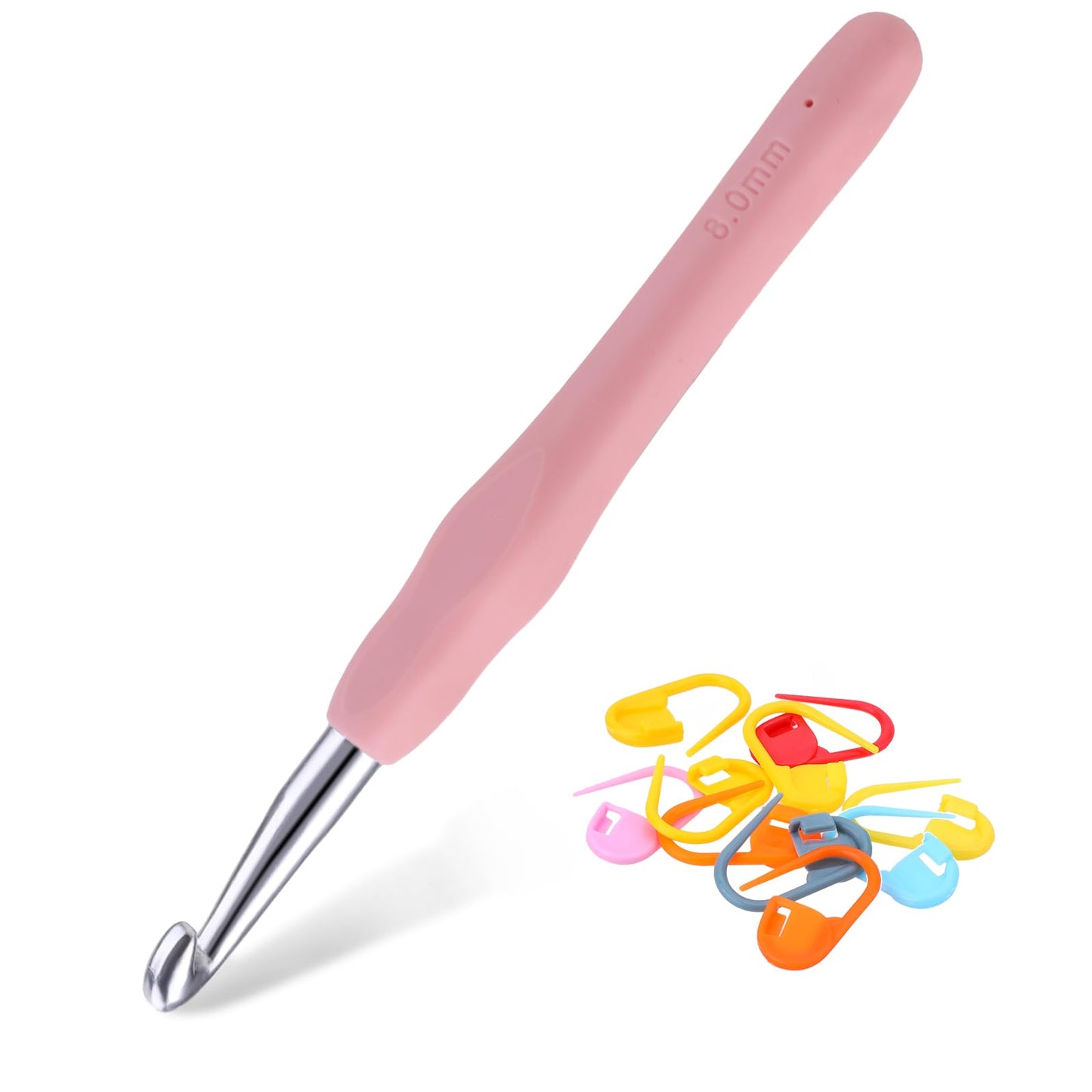 Lusofie Crochet Hook, 8mm, Aluminum, Ergonomic Soft Grip, Long Hook with 10pcs Stitch Markers, for Arthritic Hands Beginners and Lovers