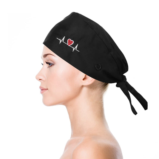 Lusofie Nurse Hat Surgical Cap with Button Sweatband Cotton Black Scrub Caps Working Hat for Women Men(Printed Beating Heart)