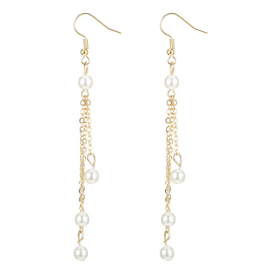 Gold Pearl Tassel Earrings Vintage Pearl Drop Earrings Anti-sensitive Long Pearl Chain Earrings Wedding Jewelry Gift for Women and Girls