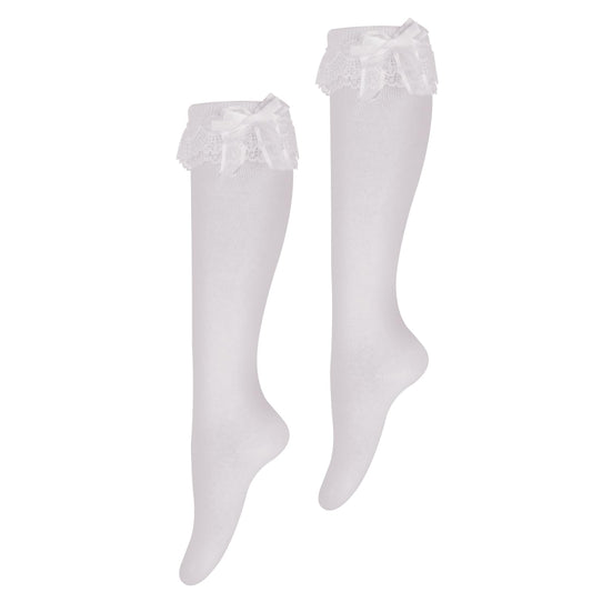 Women's Soft Knee High Socks Cotton Socks Lovely And Cute Lace Ruffle Bow Socks Tube Socks High Stockings for Lolita (White)