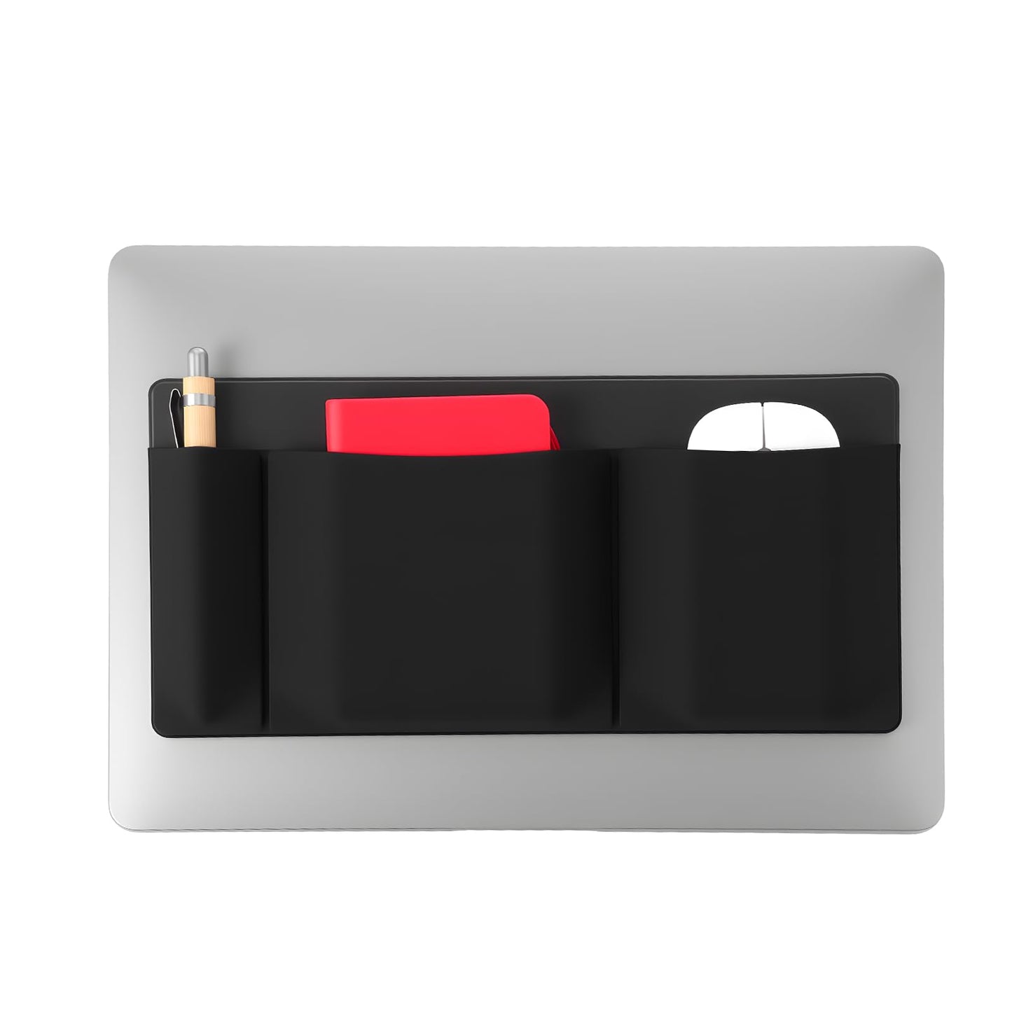3-Pocket Mouse Holder for Laptop Stick on, Mouse Pouch External Hard Drive Holder Adhesive Laptop Accessory Storage Sleeve Pocket for Mouses HDD SSD USB Drive Cables