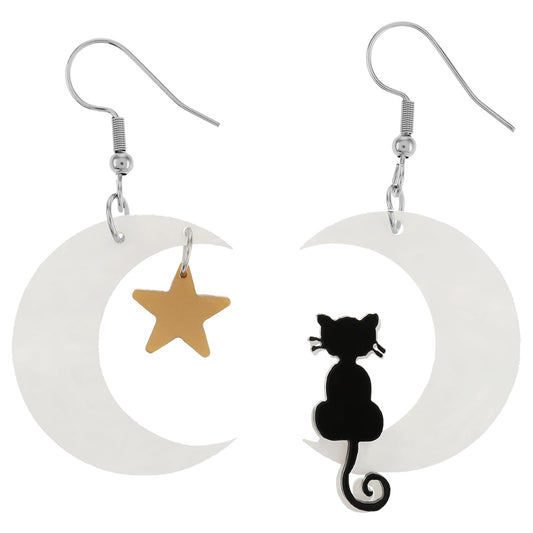 Moon Star Cat Halloween Dangle Earrings Black Cat on the Moon Dangle Earrings Acrylic Star Asymmetric Earrings Cute Funny Animal Cat Earrings Accessories for Women Girls Halloween Jewelry
