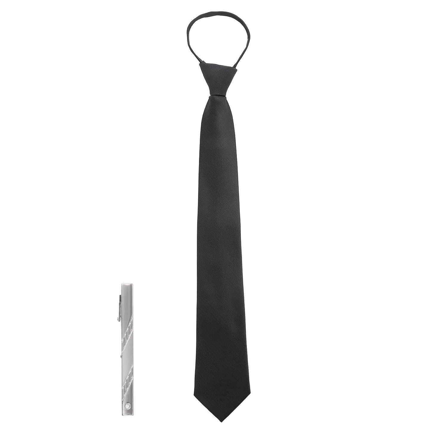 Tucnoeu Black Ties for Men with Tie Clip,19 in Adjustable Neck Strap Tie for Wedding Funeral Formal Business Tie Graduation School Uniforms