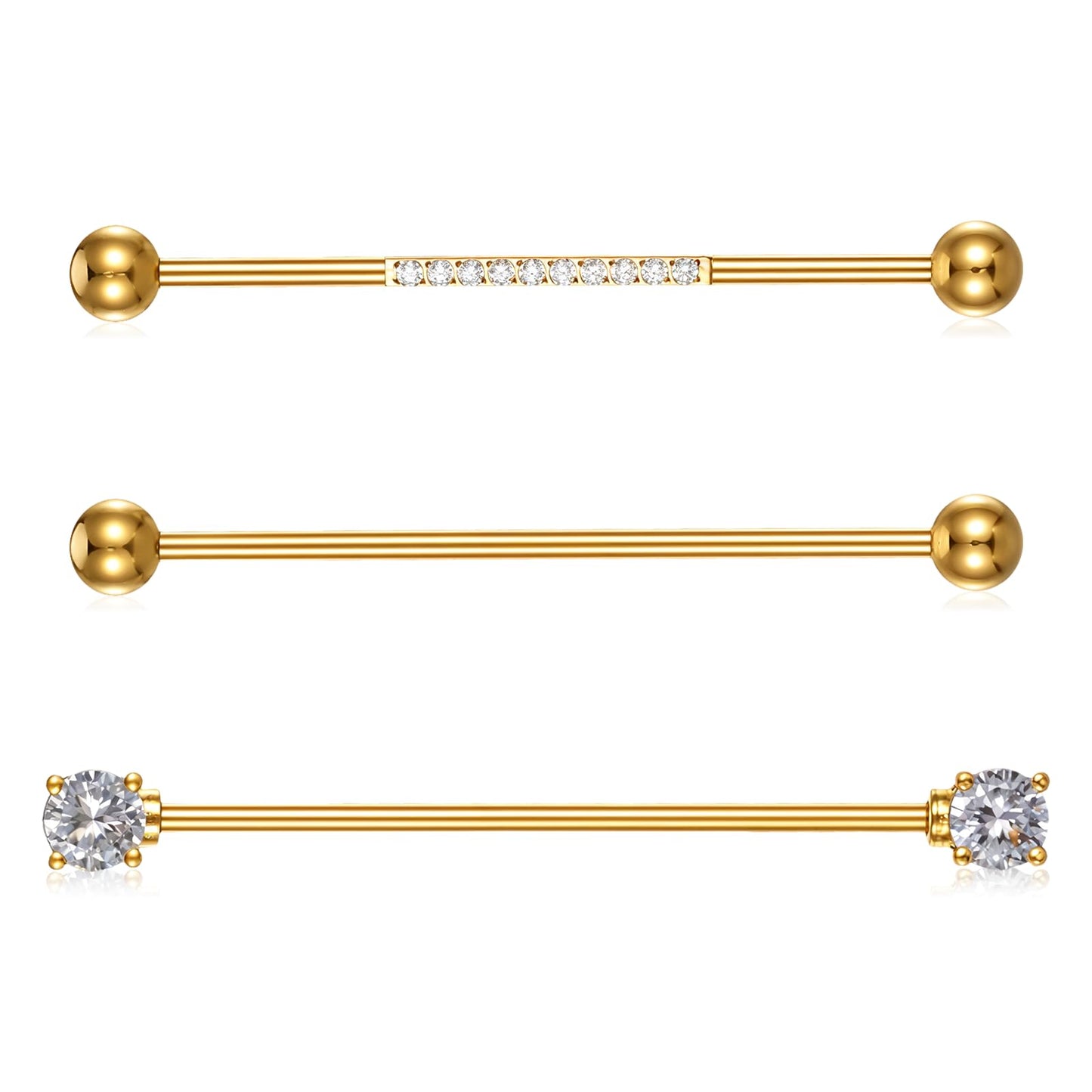 Josojoou 3Pcs Gold Industrial Piercing Jewelry, 14G Surgical Steel Cubic Zircon Industrial Bar, Cartilage Helix Piercing Barbell Earrings, Body Piercing Jewelry for Women Men
