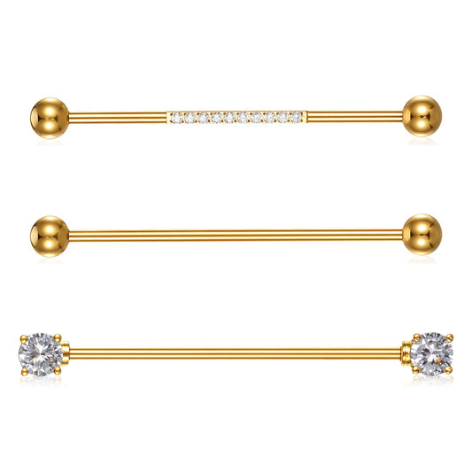 Josojoou 3Pcs Gold Industrial Piercing Jewelry, 14G Surgical Steel Cubic Zircon Industrial Bar, Cartilage Helix Piercing Barbell Earrings, Body Piercing Jewelry for Women Men