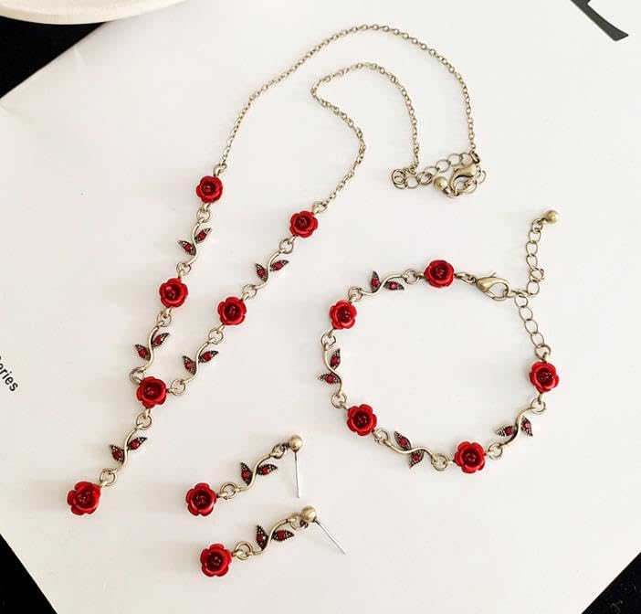 3 Pcs Red Rose Jewelry Set, Rose Flower Necklace Earrings Bracelet Set