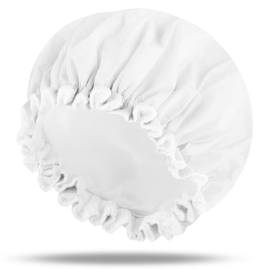 Waterproof Shower Cap Reusable Terry Cloth Lined Shower Cap for Women UK Elastic Band Bath Cap for Braids, Long Curly Hair, Travel Bathing Protection for Women and Men (white)