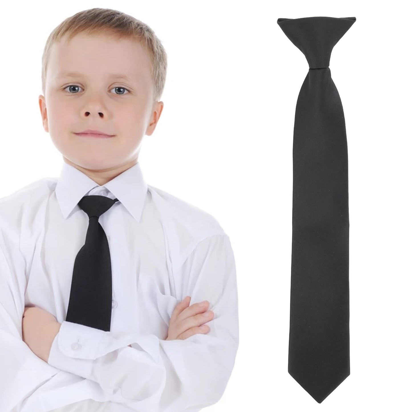 Yolev Black clip Tie for Boy Clip-on Neckties Solid Uniform Pre-tied Adjustable Neck Strap Tie for Wedding Graduation