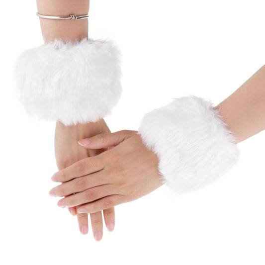 1 Pair Faux Fur Wrist Cuffs Winter Fur Wrist Warmers Wrist Band Ring Cuffs Soft Winter Arm Warmer Sleeves for Women (White)