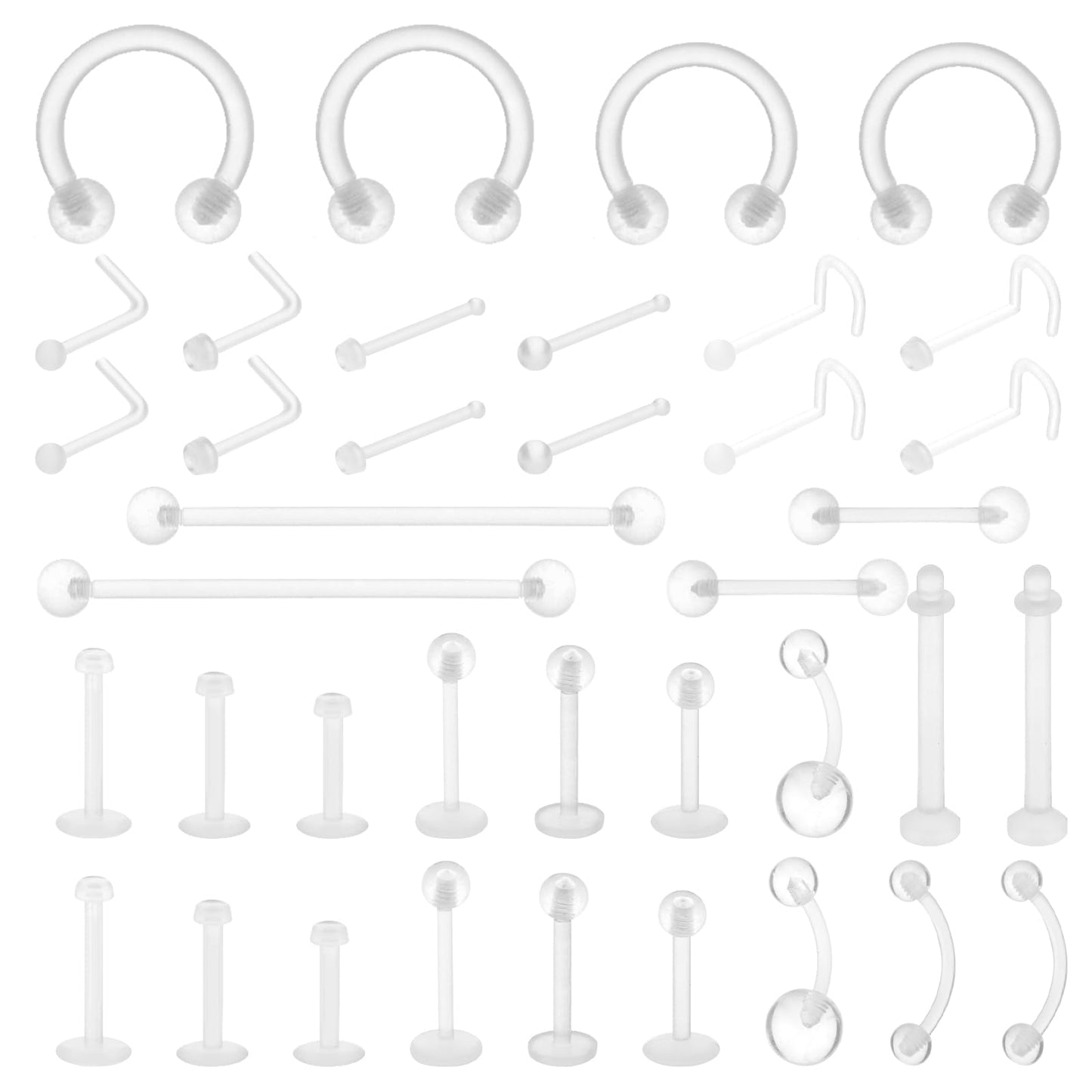 Yolev 38pcs Piercing Retainers Clear Nose Studs Clear Earrings for School Plastic Earrings Septum Retainer Piercing Jewellery Belly Rings Eyebrow Lip Cartilage Tragus Industrial Bar