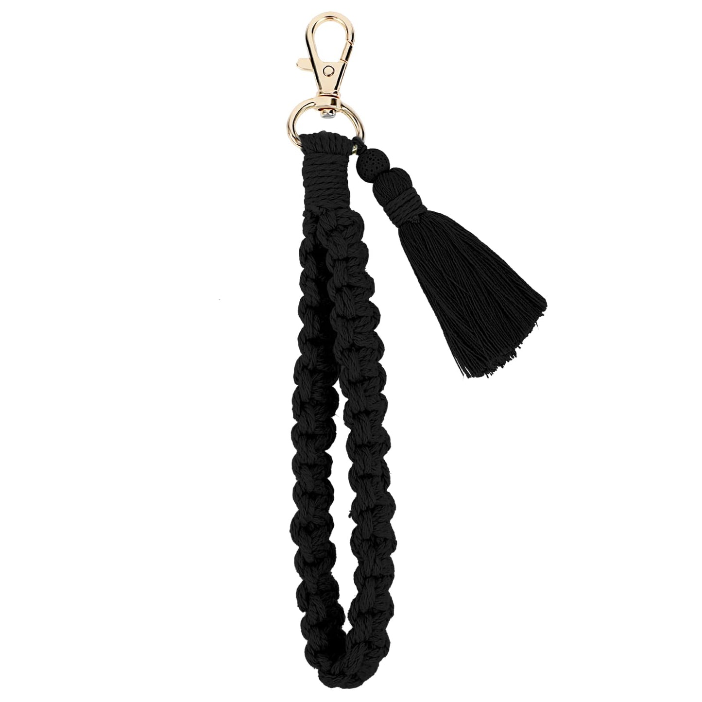 Lusofie Boho Wristlet Keychain with Tassel White Wrist Keychain Keyring Holder Braided Key Wrist Lanyard for Women(BLack)