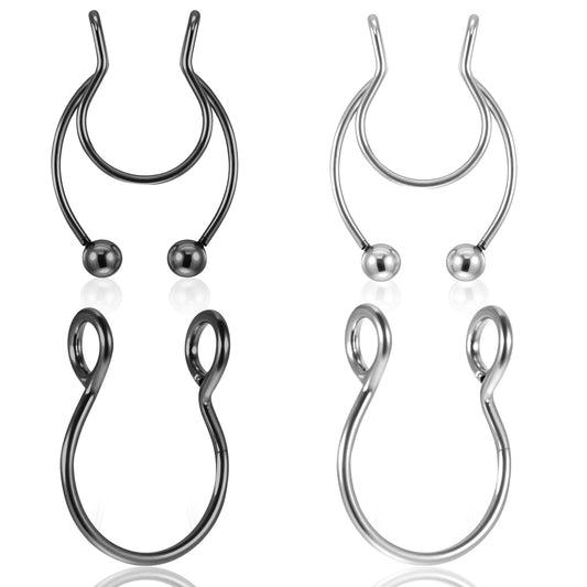 HaiFafafaing 4 Pcs Fake Septum Ring - 20 Gauge 8mm Inner Diameter Fake Nose Rings - Stainless Steel Clip On Septum Nose Rings for Women Men