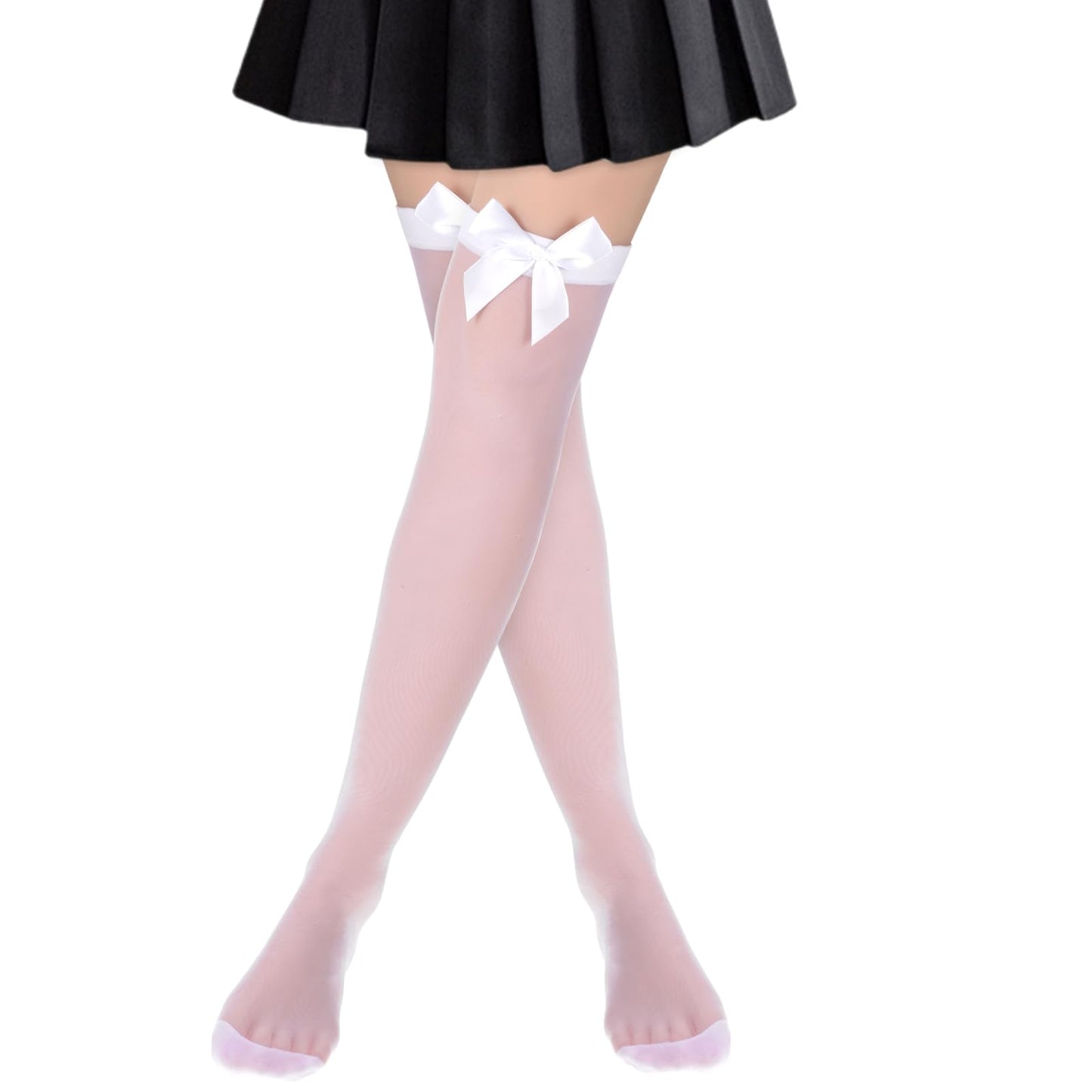 Lusofie Thigh High Socks with Bow 55cm Satin Bow Knee High Stockings for Women Girls Cute White Black Over the Knee Stocks(White)