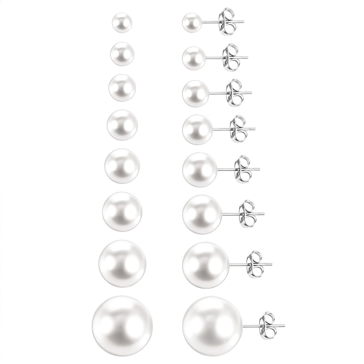 8 Pairs Faux Pearl Stud Earrings Stainless Steel Pearl Earings Set for Women Fake Pearls Earring Jewelry Gift For Bridal Wedding Multiple Piercing