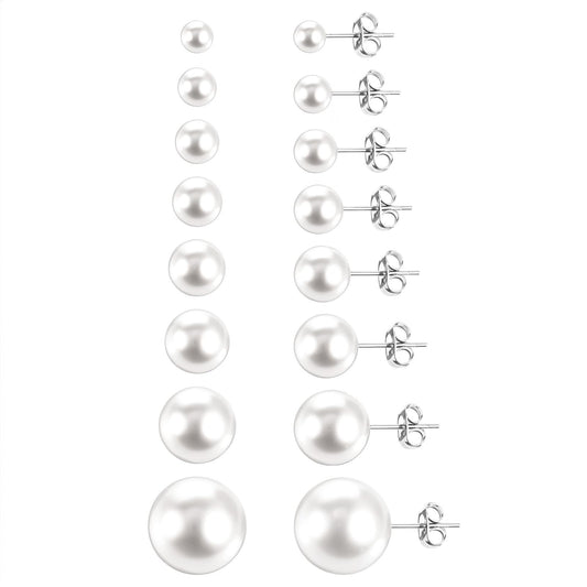 8 Pairs Faux Pearl Stud Earrings Stainless Steel Pearl Earings Set for Women Fake Pearls Earring Jewelry Gift For Bridal Wedding Multiple Piercing