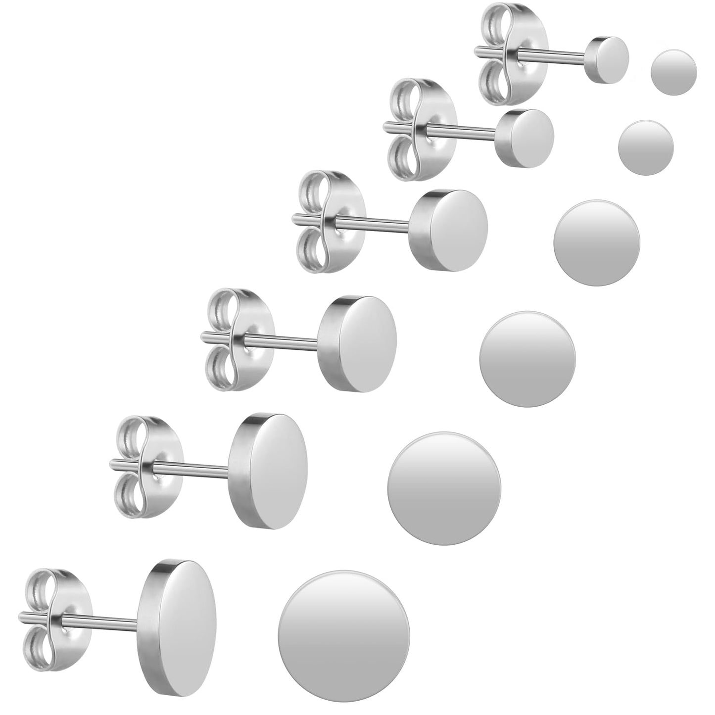 6 Pairs Dot Stud Earrings Unisex Stainless Steel Ear Studs Silver Round Flat Top Stud Earrings Set for Women Men Girls (0.3cm-0.8cm)