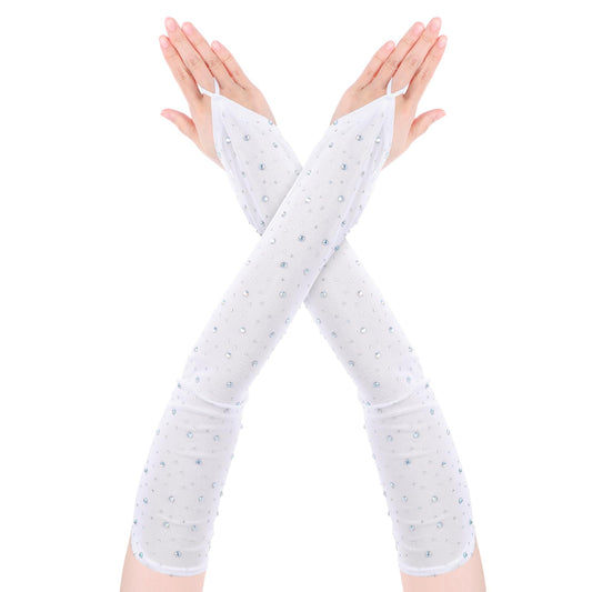 Fingerless Gloves for Women Rhinestone White Long Sheer Gloves Elbow Length Opera Tulle Womens Gloves Stretch Party Costumes 20s Cosplay Halloween Evening Wedding Dinner Bridal Dance Glitter Gloves