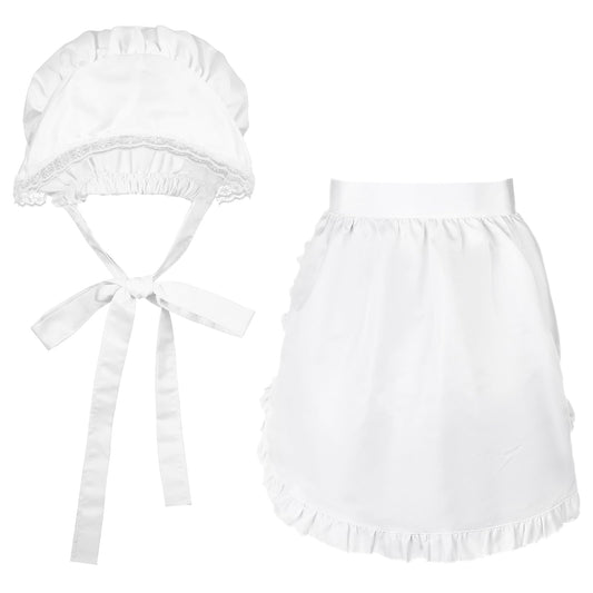 Tucnoeu 2pcs Halloween Colonial Costume Set White Mob Cap Half Apron Women Pilgrim Costume Accessories for Maid Girl Cosplay