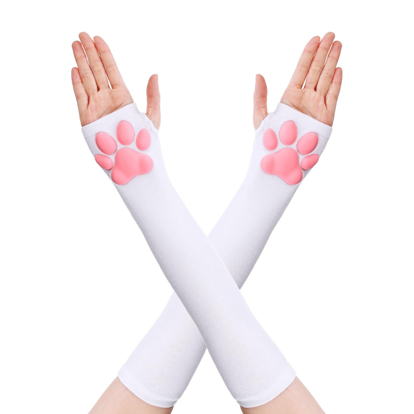 Telooco Cat Paw Gloves Therian Paws Long Fingerless Paw Gloves with 3D Pink Paw Pad Mittens Cosplay Gloves Sleeve for Halloween(White)