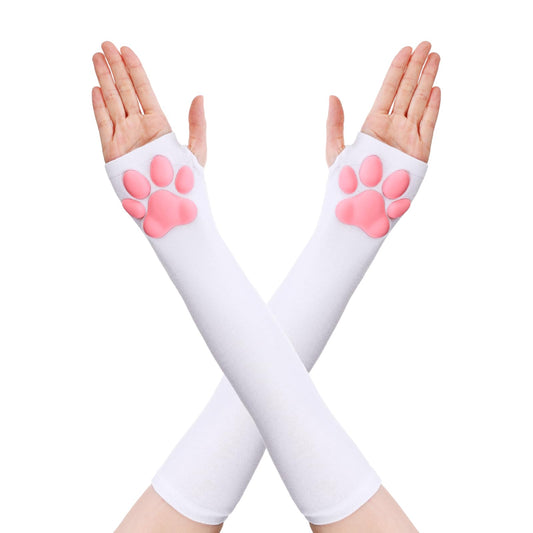Telooco Cat Paw Gloves Therian Paws Long Fingerless Paw Gloves with 3D Pink Paw Pad Mittens Cosplay Gloves Sleeve for Halloween(White)