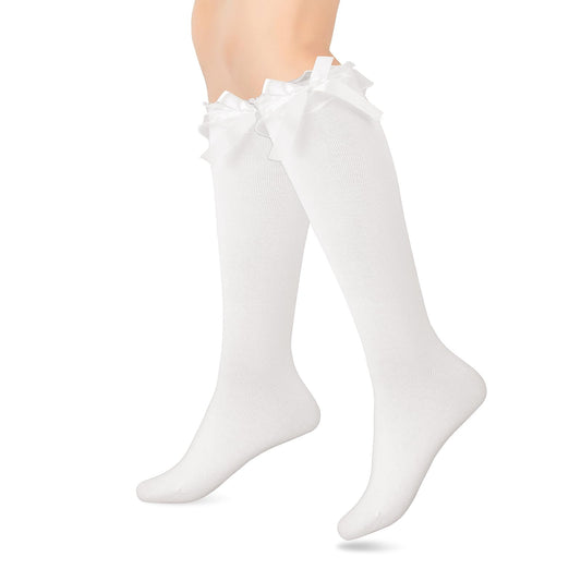 White Kruffle Socks, Cotton Lolita Knee High Socks with Bow Frilly Socks Women for Daily Wear School Dating Dance Performances Parties Suitable for Girls and Women