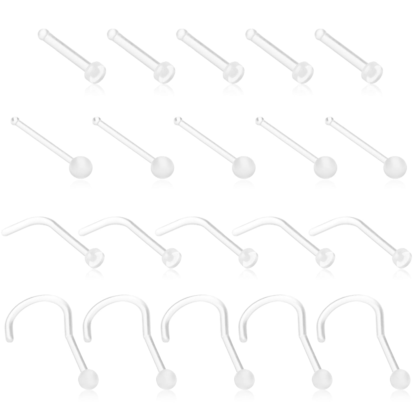 Yolev 20 Pcs Clear Nose Stud, 4 styles of Acrylic Nose Retainers Invisible Nose Septum Ring Clear Nose Studs Rings Lip Cartilage Tongue Belly Eyebrow Tragus Earring Barbell for Work