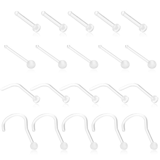 Yolev 20 Pcs Clear Nose Stud, 4 styles of Acrylic Nose Retainers Invisible Nose Septum Ring Clear Nose Studs Rings Lip Cartilage Tongue Belly Eyebrow Tragus Earring Barbell for Work
