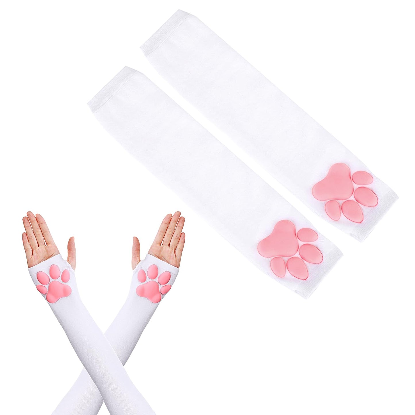 Lusofie Cat Paw Gloves Long Fingerless Gloves Kawaii Pink 3D Claw Cute Cat Sleeve for Girls Cosplay Halloween Party(White)