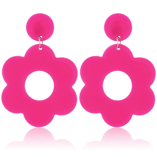 Hot Pink Acrylic Flower Earrings 60s 70s Flower Earrings Retro Flower Earrings Daisy Earrings Cute Hollow Floral Earrings Dangle Flower Earrings for Women Girls