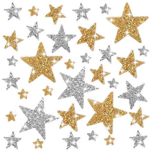 60Pcs Star Iron on Patches Glitter Rhinestone Star Patches Iron on Hot Adhesives Star Shape Appliques for Clothing Jeans Shoes Bags Hats Decoration DIY Crafts (Gold, Silver)