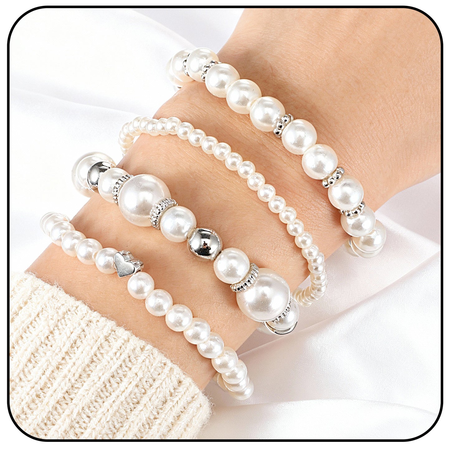 Yolev 4Pcs Pearl Bracelets for Women Multilayered Silver Pearl Bracelet with Heart Charms Stackable Stretchy Silver Beaded Bracelets for Women Bridal Wedding Birthday Party Jewelry