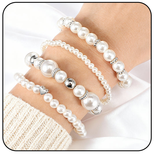 Yolev 4Pcs Pearl Bracelets for Women Multilayered Silver Pearl Bracelet with Heart Charms Stackable Stretchy Silver Beaded Bracelets for Women Bridal Wedding Birthday Party Jewelry