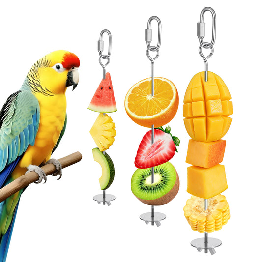 Stainless Steel Parrot Fruit Vegetable Skewer, Bird Cage Hanging Foraging Toy, 3 Pcs Multi-Size Food Holder for Parakeets Budgies Macaws