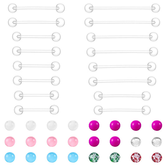 HekouJiub 16Pcs Plastic Nipple Piercing Jewelry, 14G Clear Tongue Ring, Long Bar Nipple Barbell Piercings for Women - Bar Length 16/19/22/25/32/35/38mm with 24Pcs Multicolor Replacement Balls