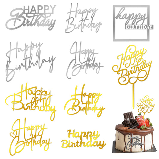 10 PCS Silver Happy Birthday Cake Toppers