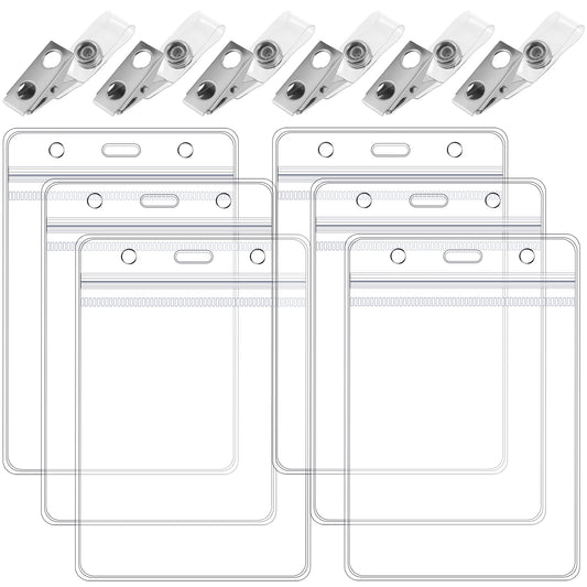 6pcs Clear Plastic Vertical Badge Holders with Clip,Waterproof ID Badge Holder,Resealable PVC Zip Card Holder Protector for Proximity Key Card Driver’S License and Credit Card