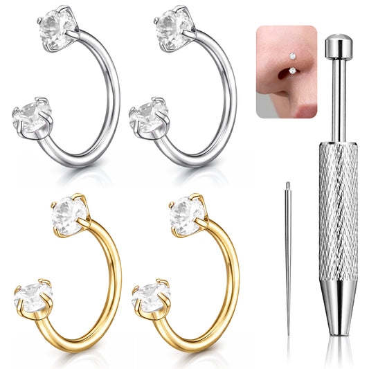 6PCS 18G Horseshoe Nose Ring for Women, Stainless Steel Anti-Sensitive Nose Ring Hoop, Double Gem Horse Shoe Noses Rings for Ear Cartilage, Auricle, Tragus, Lip Studs, Noses Stud, etc. Tools Included