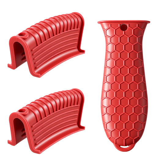 Cast Iron Skillet Handle Covers, 3 Pcs Heat Resistant Cast Iron Handle Sleeve Non-Slip Silicone Pot Handles Covers for for Frying Pans and Griddles Kitchen Supplies(Red)